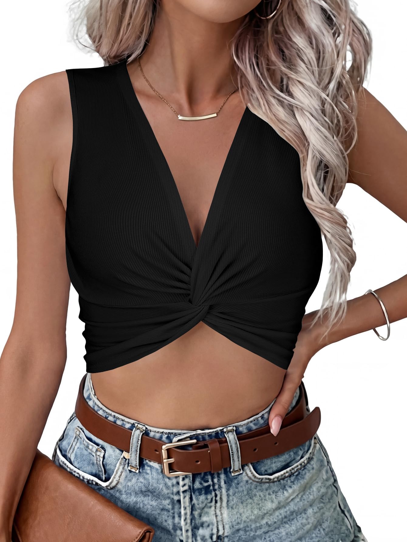 Vrtige Damen-Tanktop mit gedrehtem V-Ausschnitt, gerippter Strick, ärmellos, sexy Cami-Tanktop,