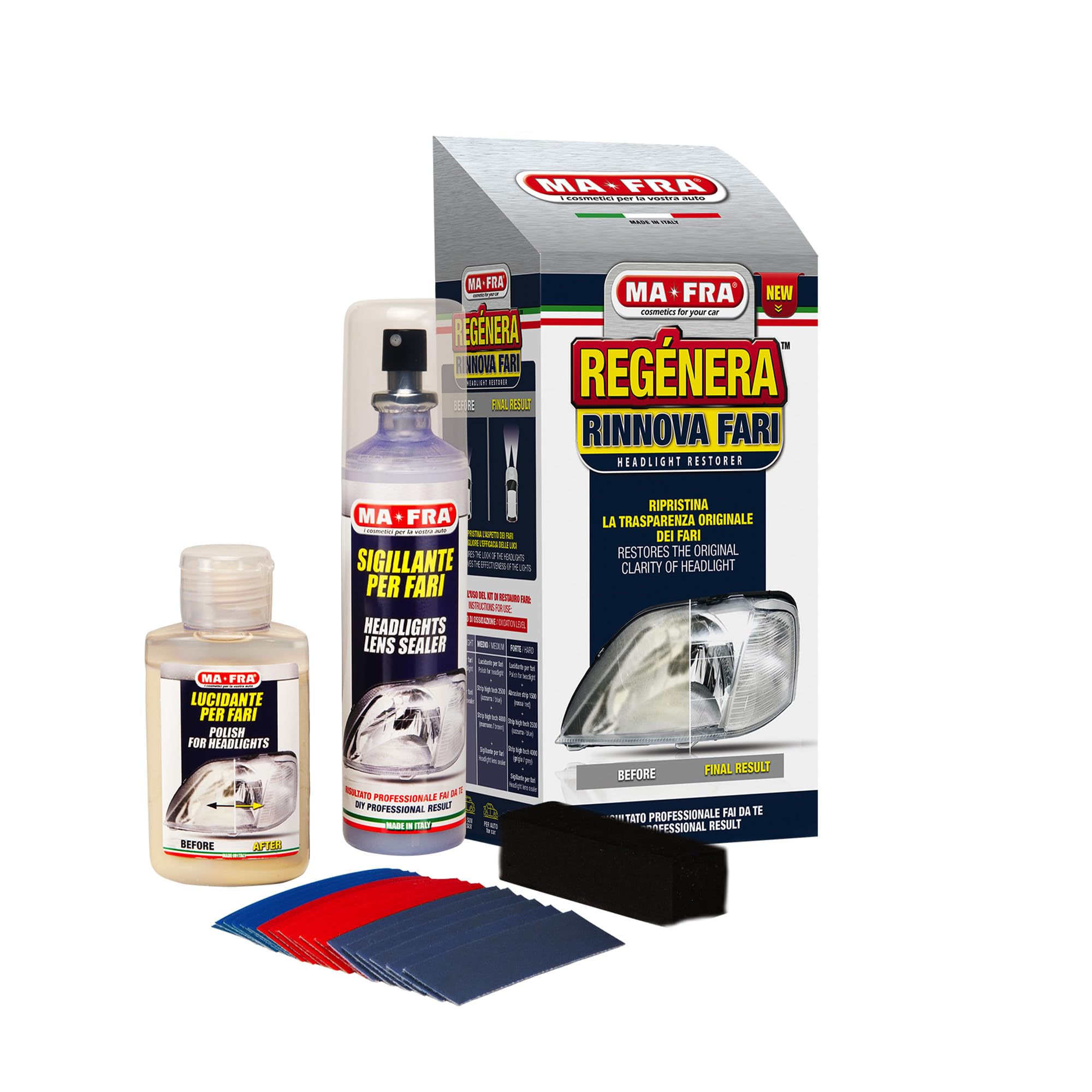 Ma-Fra Kit Regénera Fari, Composto da 16 Carte Abrasive, Polish Lucidante e Sigillante Spray, Ripristina Aspetto Originale dei Fanali Auto e Migliora l'Efficacia delle Luci, Rimuove Effetto Opaco