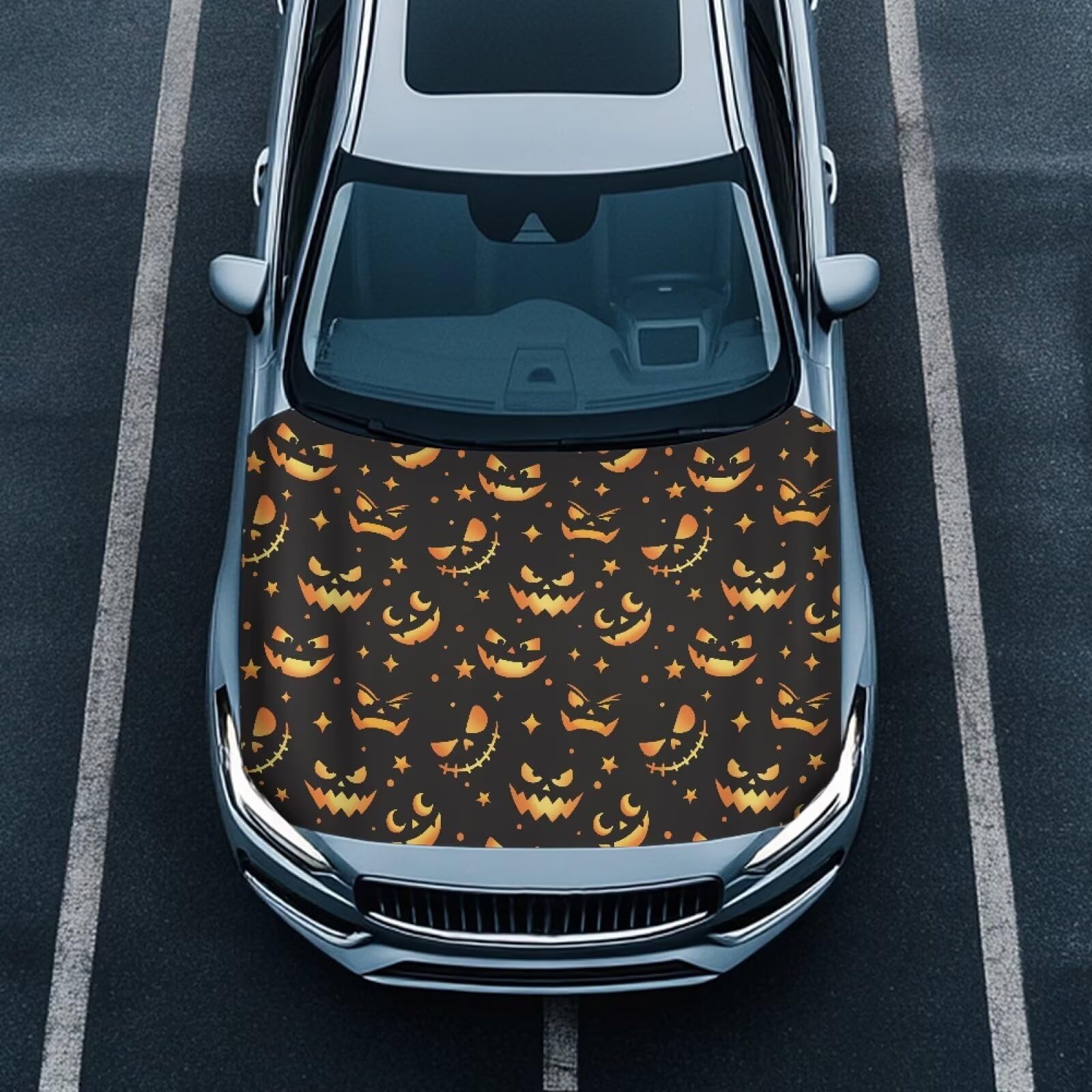 Pumpkin Face Hood Cover for Car, Halloween Pumpkin Face Car Hood Cover 3X5FT Stretchable Polyester Fabrics Automotive Exterior Accessories for SUV Sedans Trucks
