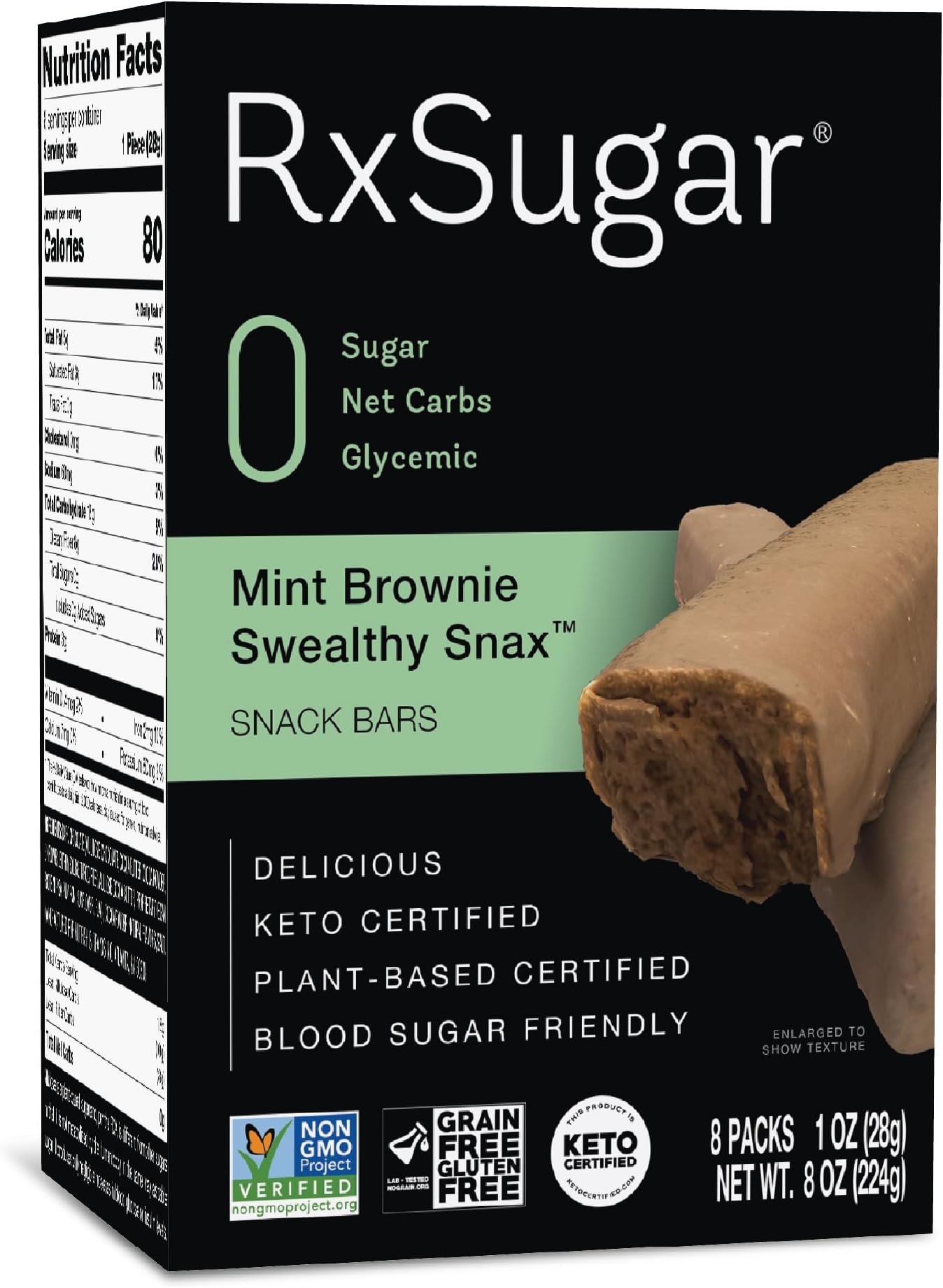 RxSugar Mint Brownie Swealthy Snax, Snack Bars Made with Allulose, 24 Bars - 3 Pack