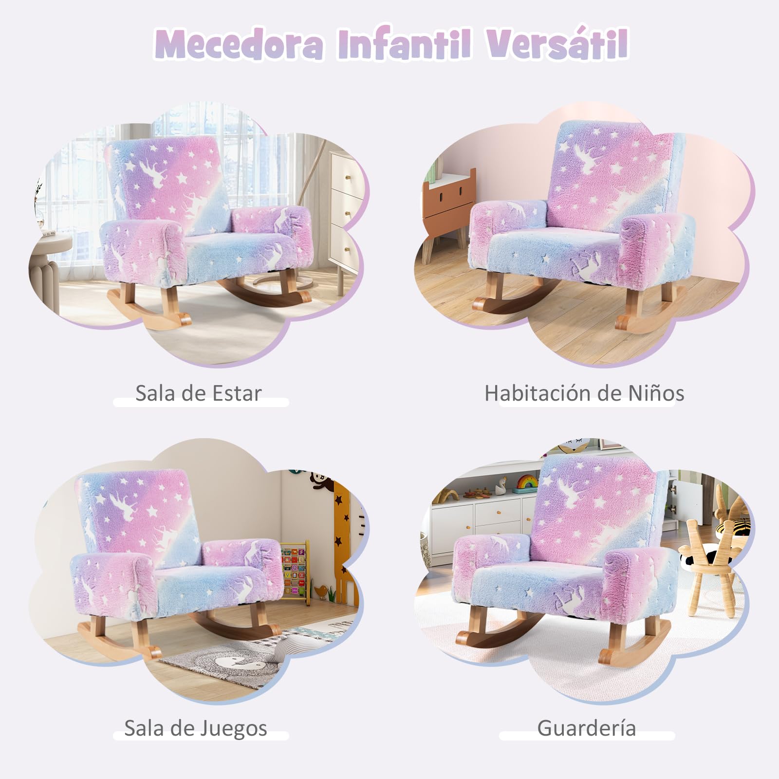 COSTWAY Silla Mecedora para Niños, Sillón Infantil Tapizado en Franela con Patas de Madera de Álamo,Brilla en la Oscuridad, Respaldo y Reposabrazos Cómodos, Sillón Balancín para Niños para Dormitorio