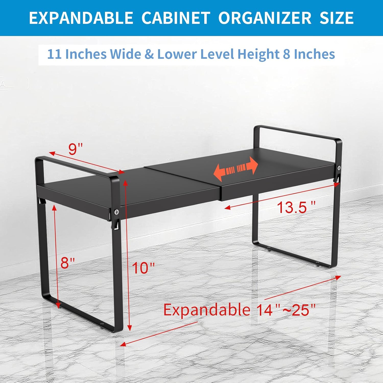 Expandable Cabinet Shelf Organizer 14-25 Inch Adjustable Length, 9" Wide 2-Tier (8" Bottom Layer) Metal Storage Rack for Kitchen Pantry, Under Sink Countertop - Heavy Duty Black(1 Pack)