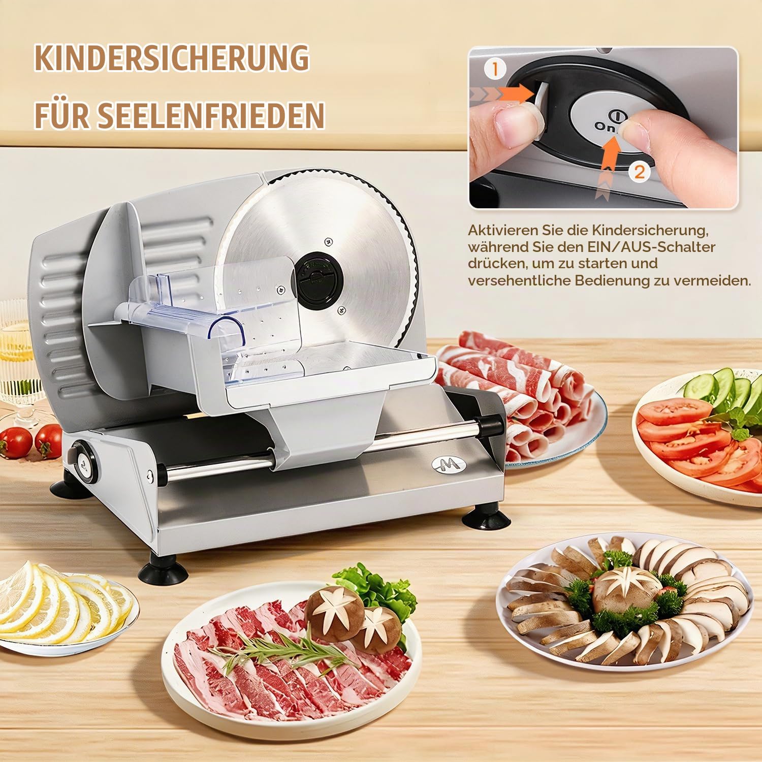 Moongiantgo Allesschneider Elektrisch, 2 Klingen, 0-15mm Dicke Einstellbar | Edelstahl Schneidemaschine, Abnehmbaren 19cm Klingen, Kindersicherung, 200W, für Fleisch, Käse, Brot, Schinken & Gemüse