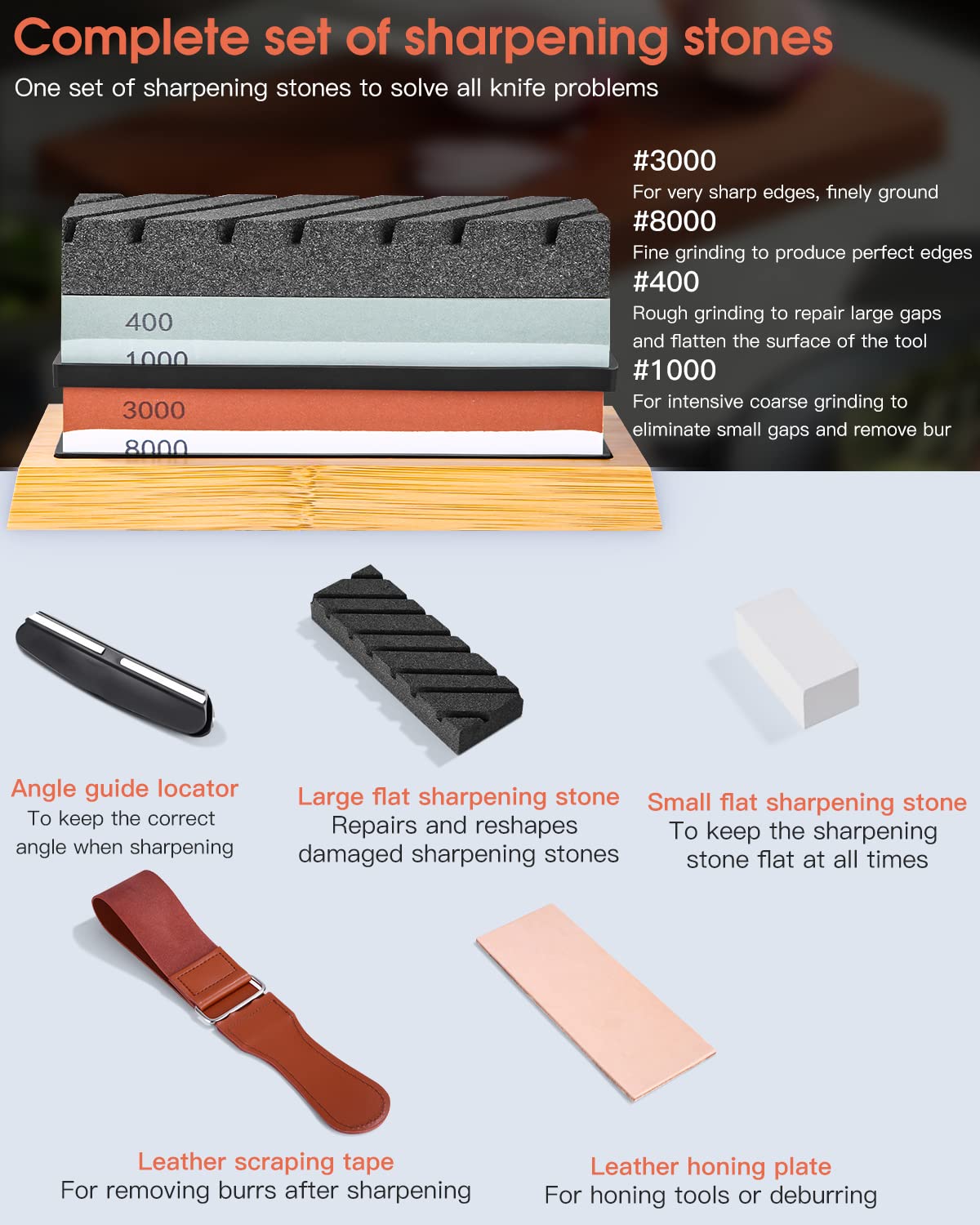 Kit de Pierre à Aiguiser, grain double face 400/1000 et 3000/8000 pierre a aiguiser professionnel avec Base en Bambou Antidérapante, Pierre à Aplatir, Guide d'angle et Lanière en Cuir