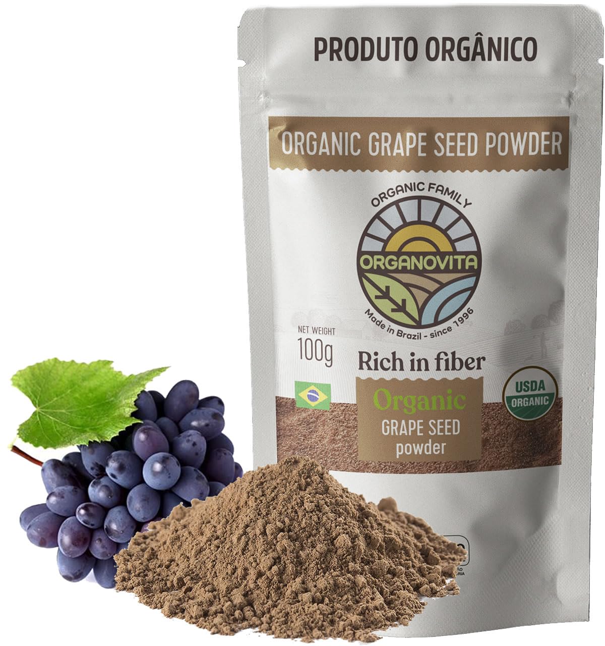 Organic Powder - Blend in Smoothies, Cakes, High Fiber Content, Made w/Cold-Pressed Natural Ingredients, Gluten-Free, All Purpose, Antioxidants Rich - Certified USDA (3.52 Oz, Grape Seed (Pack of 1))EU OrganicUSDA Organic