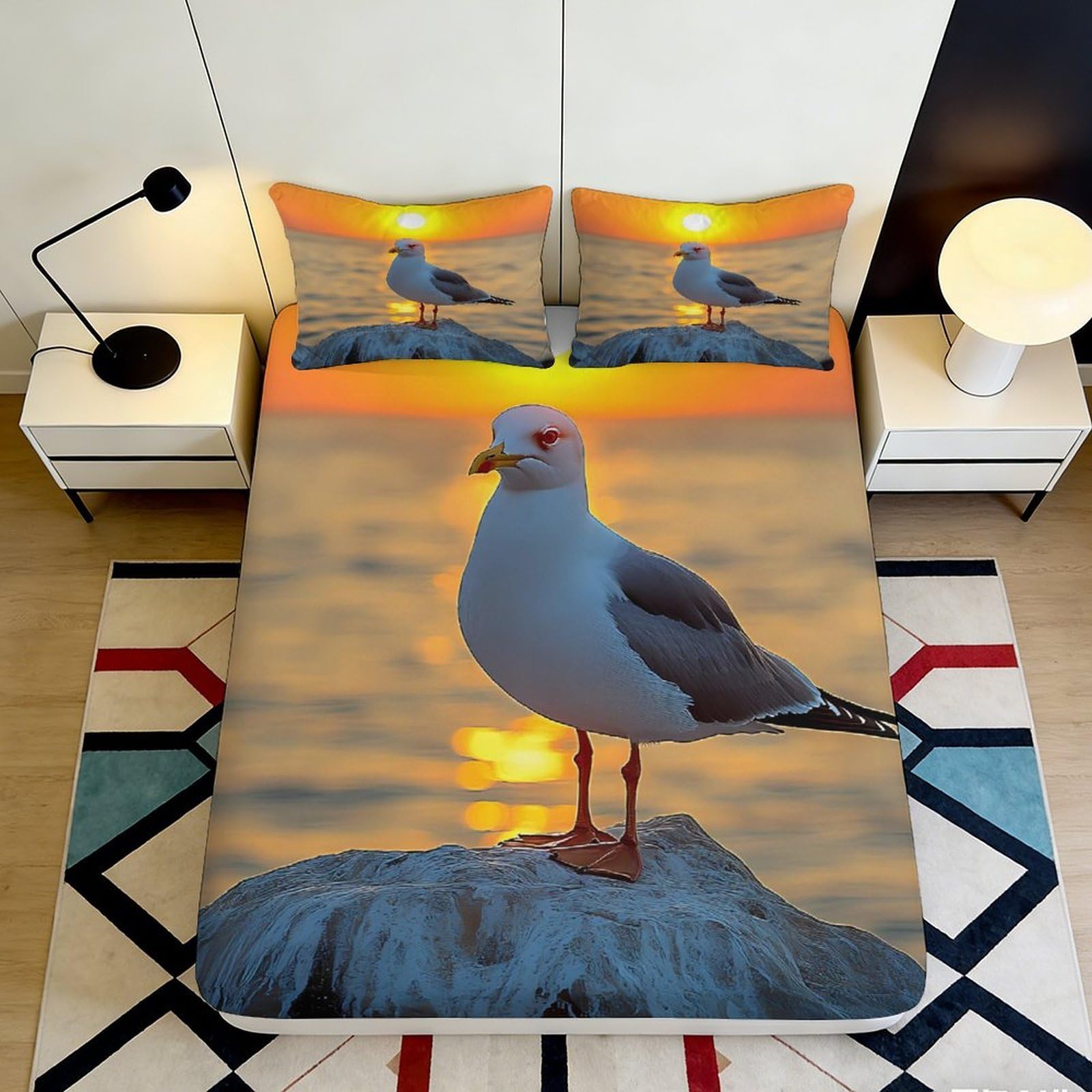 Pnayamiorkfel Style-8 3D Printed Seagull Sunset Fitted Sheet Microfiber Soft Bed Cover Ocean Sunrise Mattress Decor For Bedroom Guest Room 90X200x25cm