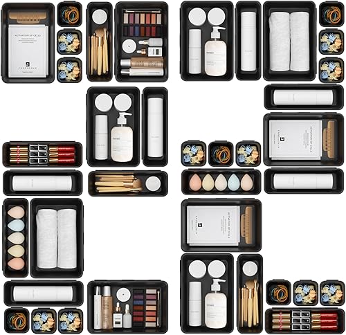A-LuGei - Juego de bandeja organizadora de cajones de plástico negro para escritorio, organizador de maquillaje y contenedor de almacenamiento para