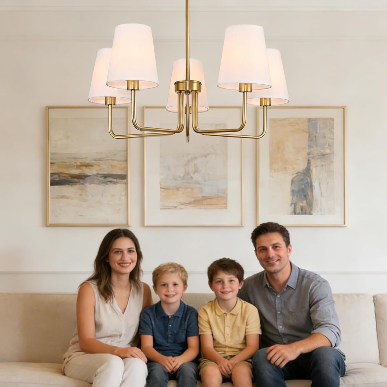 5-Lights Farmhouse Chandelier, Matte Gold Chandelier with White Fabric Shade, Height Adjustable Pendant Lights Linear Island Lighting Fixture for Kitchen, Living Room,Dining Room