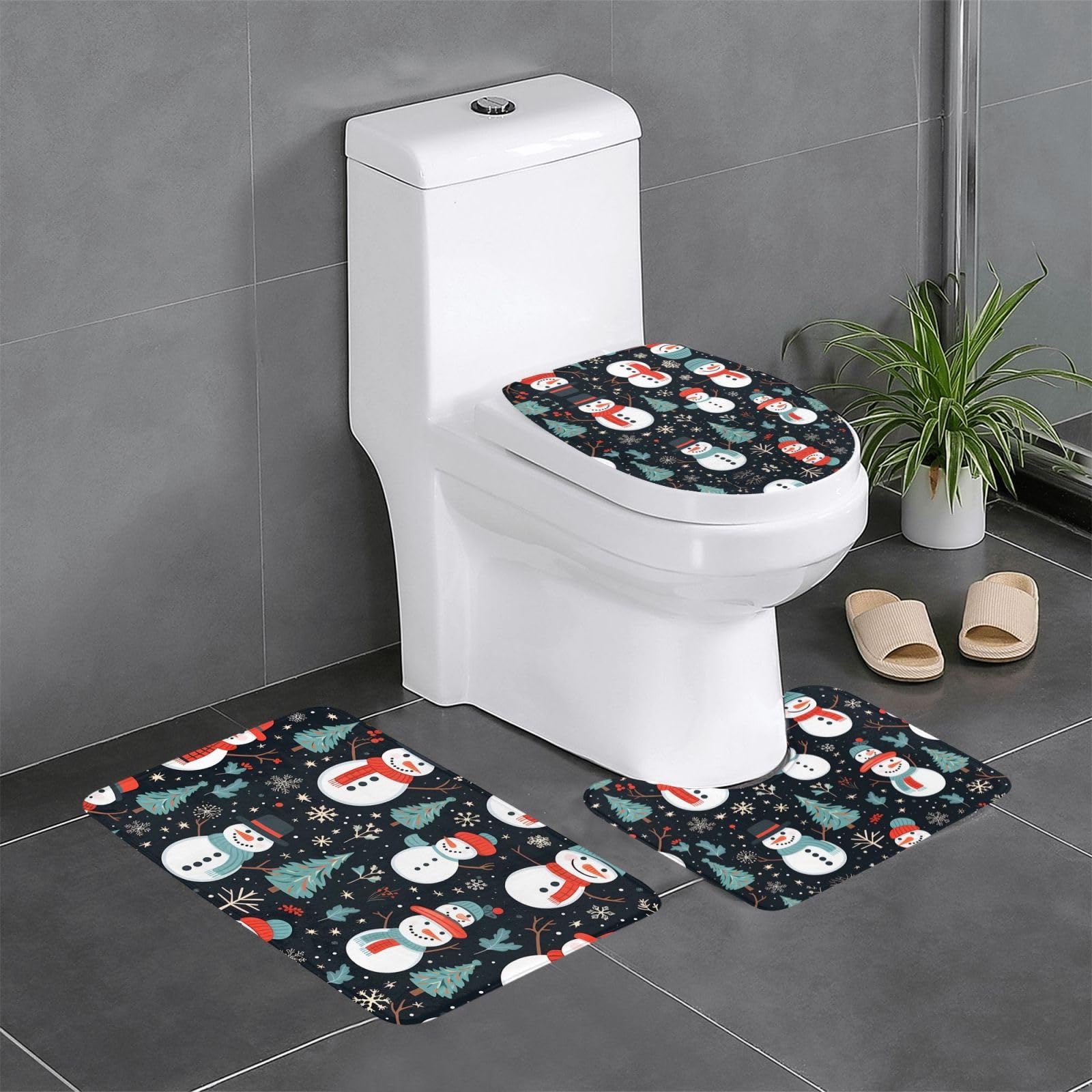 Tapis de salle de bain bonhomme de neige Noël 3 pièces lavable pour WC