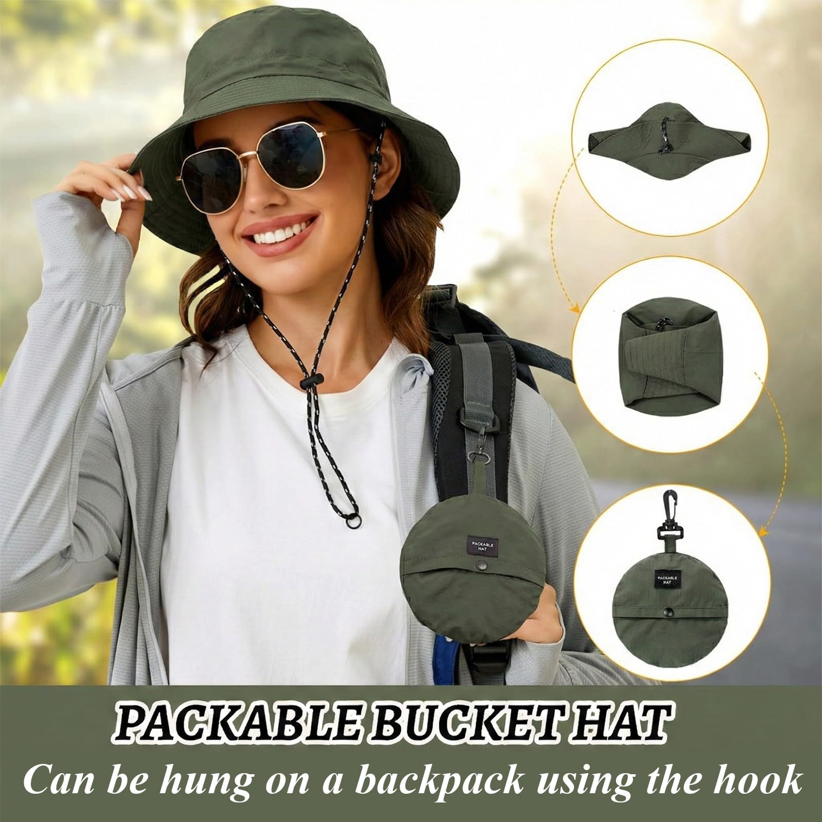 Cappello Donna Estivo,Cappello Safari,Bucket Hat,Cappelli Donna, Cappello Tesa Larga Donna,Antipioggia Protezione Solare Asciugatura Rapida Cappello da Sole Pieghevole e Traspirante(Verde militare)