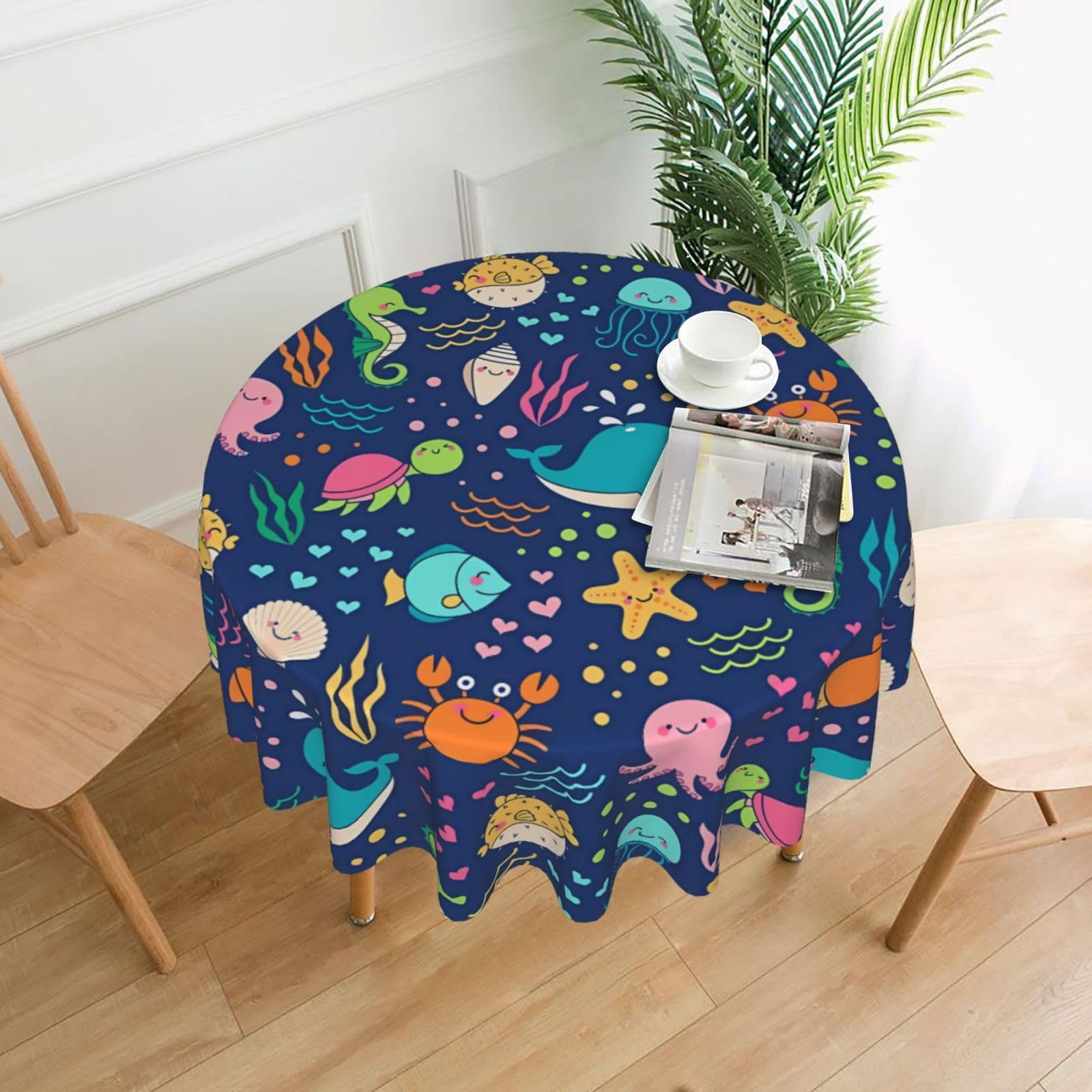 WHJSHOP Cartoon Sea Fish Prints Round Decorative Throw – 60in Stylish Table Cover for Dining, Parties & Outdoor Events