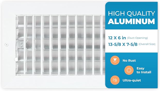 Aluminum 12 x 6 In Duct Opening Heater Vent Deflector Wall AC Grille Premium Register Vent Cover Durable Rustproof Wall Grille Overall Size 13-5/8 x 7-5/8 Inch Adjustable Front Blades, White