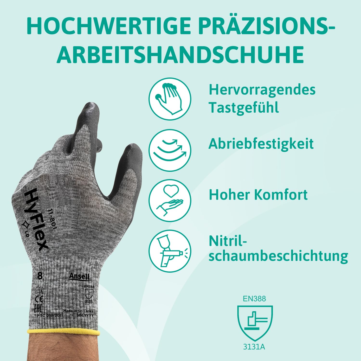 Ansell HyFlex 11-801 Professionelle Arbeitshandschuhe, Rutschfeste Nitril-Beschichtung, Industrie-Schutzhandschuhe für Mechanik, Werkstatt und Montage, Waschbare, Schwarz, Größe L (12 Paar)