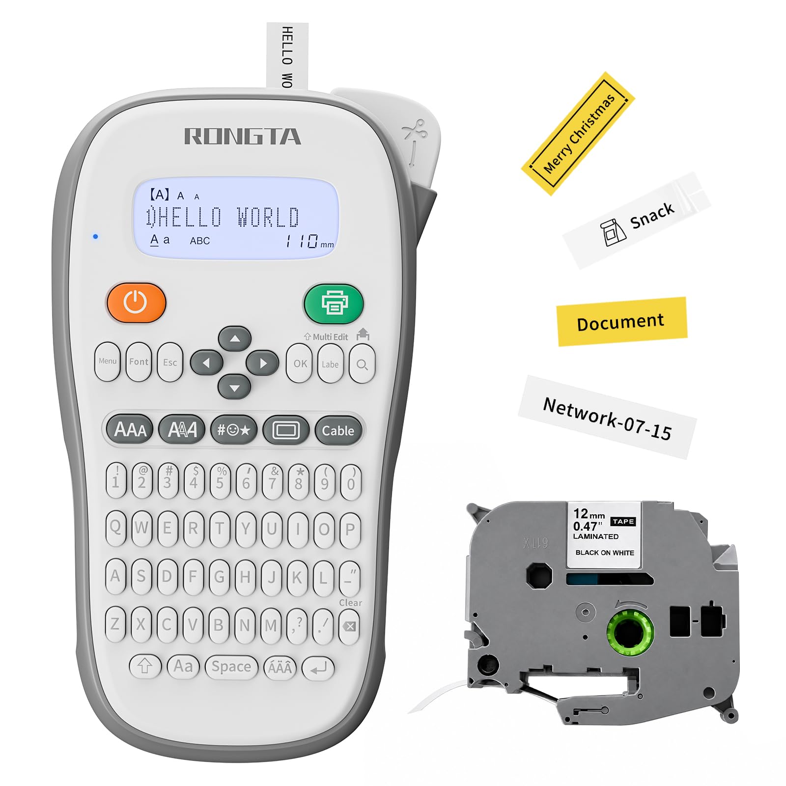 Rongta Portable Label Maker Machine with Tape, TH110, QWERTY Keyboard, Backlit Display, 3 Cable Label Modes, Dual Power Supply, Inkless Label Printer for Home, Garage, Office & Outdoor Use, White