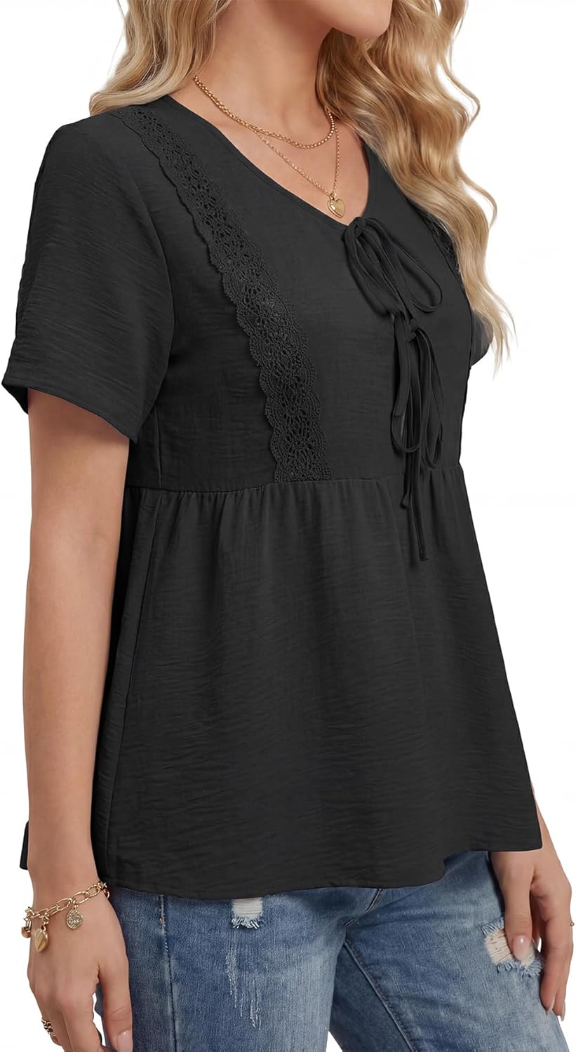 Umenlele Women's Tie Front Babydoll Hollow Out Short Sleeve Casual Shirt Tops - Image 4