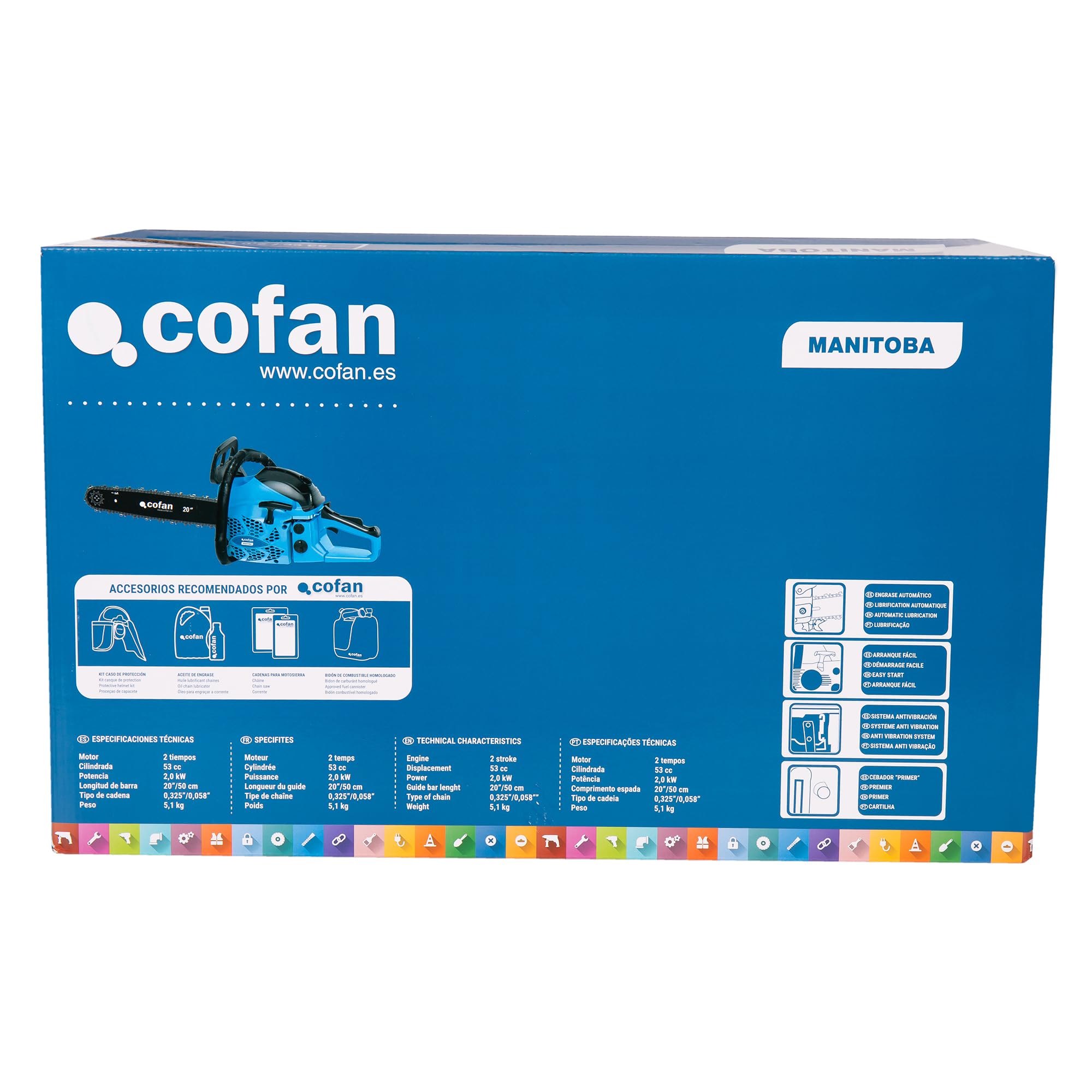 Cofan Motosierra de gasolina | Motor de 2 tiempos | Espada de 20" | 53 cc | Potencia: 2,6 CV | Sistema antivibración | Fácil arranque