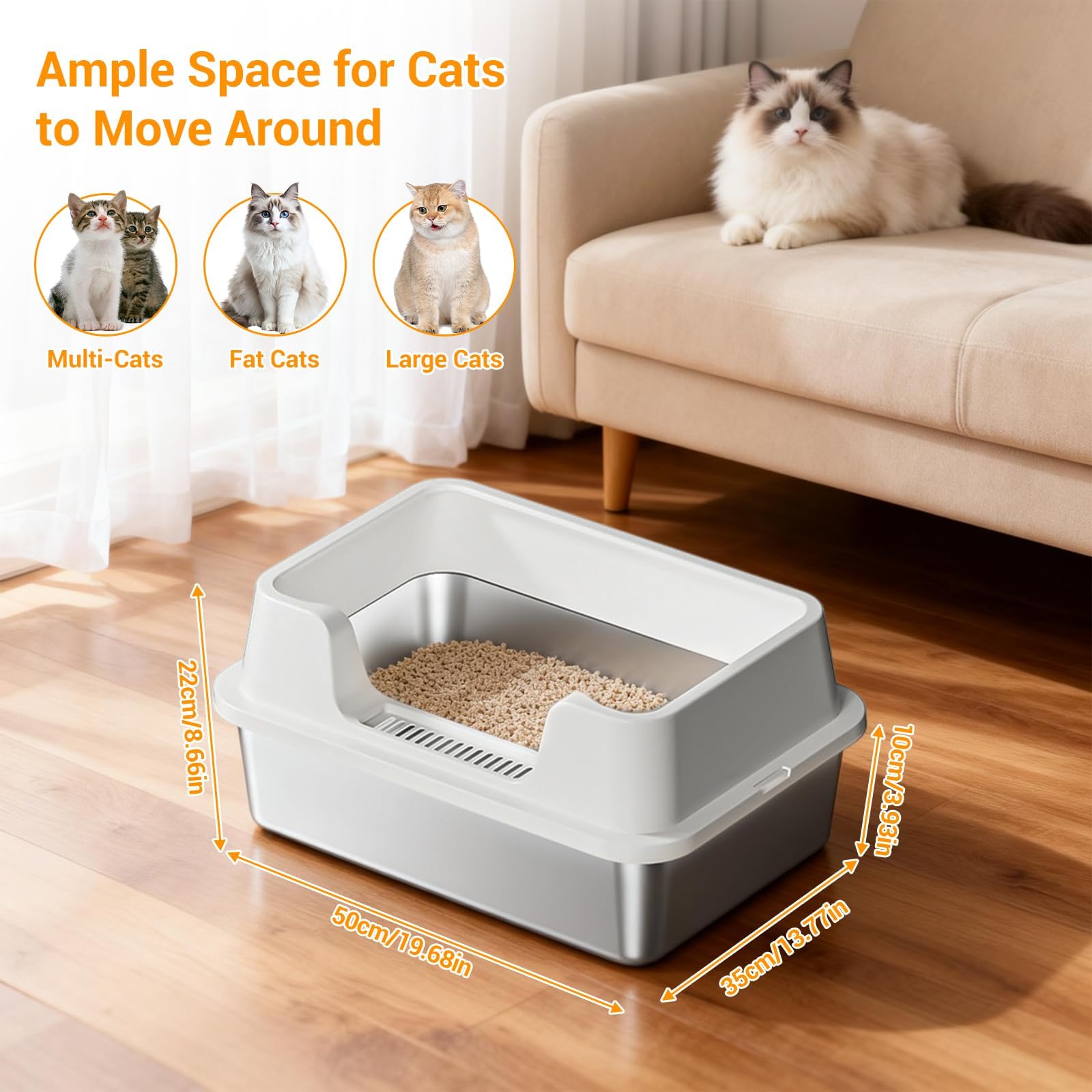 Stainless Steel Cat Litter Box Extra Large - High Sided, Non-Stick, Odor Resistant Metal Litter Pan for Multiple Cats, Big Cats & Rabbits; Anti-Urine Leakage, Easy to Clean, Non-Slip Base - image 3