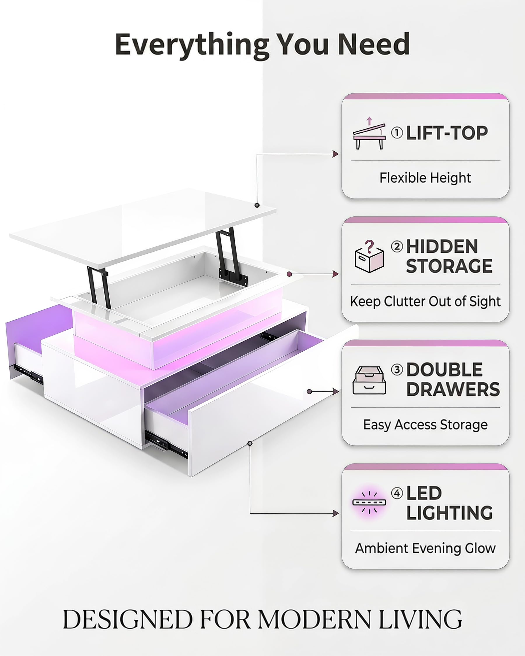 Tavolino da Salotto Rettangolare Moderno, Tavolo Salotto Salvaspazio, Tavolino Trasformabile con 2 cassetti e 1 spazio nascosto, Coffee Table con effetti di luce multicolore