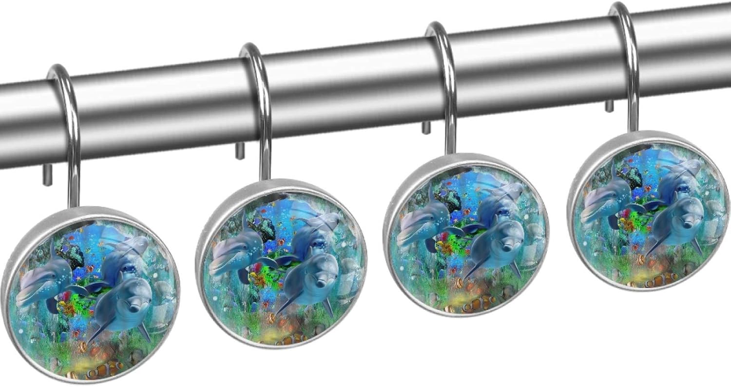 LORVIES Tropical Ocean Dolphins Fish Shower Curtain Hooks Set of 12, Stainless Steel Shower Hooks Decorative Hanger Rings Rust Resistant for Bathroom Kids Room Fashion Home Decor