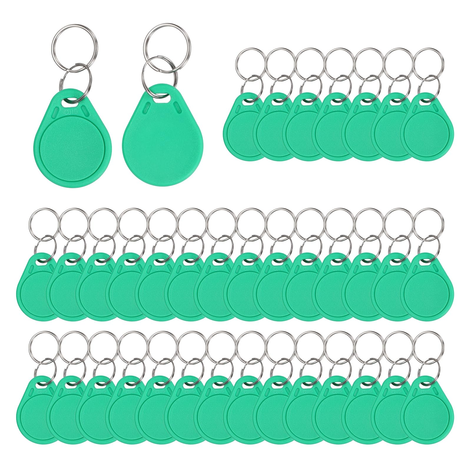 Lot de 100 porte-clés RFID 13,56 MHz | Porte-clés de proximité réinscriptible NFC | Vert | Contrôle d'accès, pour bureau, hôtel, parking, appartement