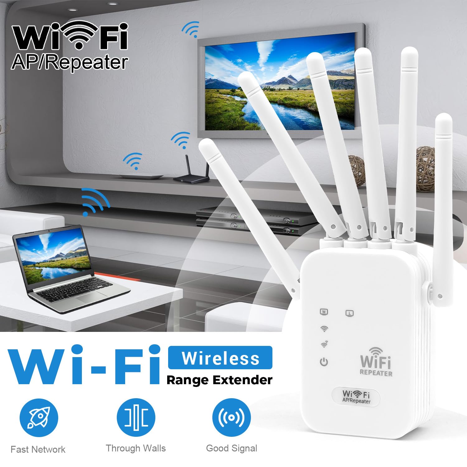 Amplificateur WiFi, Répéteur WiFi Puissant Longue Portée avec 6 Antennes et 2 Ports Ethernet, WiFi Extender Signal Fort, Compatible Fibre & Toutes Box, Mode AP/Repeater/Routeur