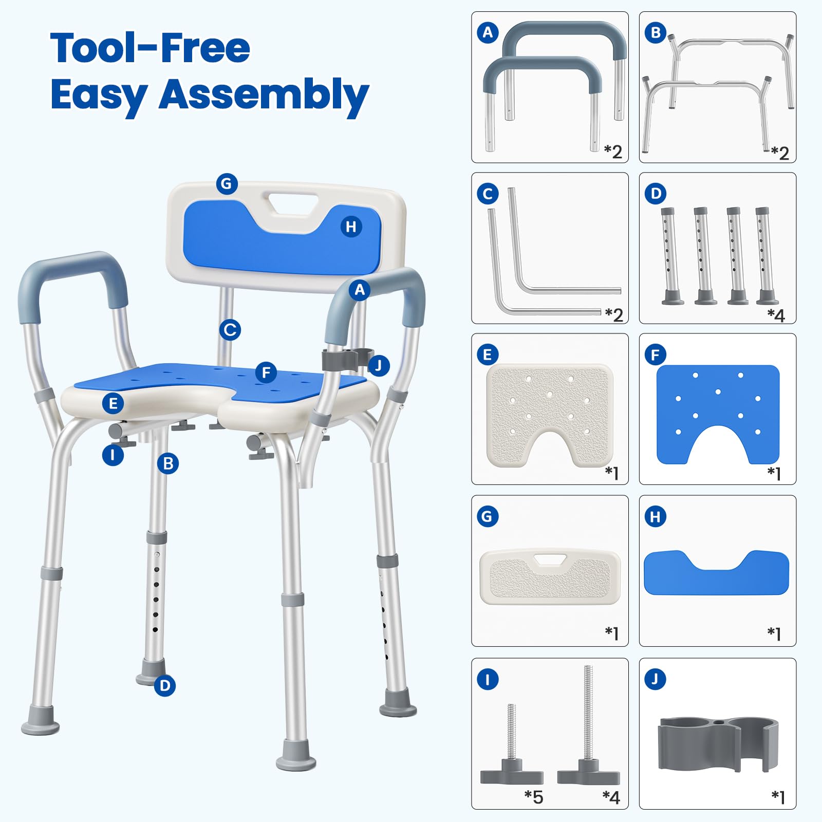 Silla para Ducha, Taburete Ducha con Respaldo y Reposabrazos Extraíbles, 6 Altura Ajustable, Antideslizante, Silla Ducha para Personas Mayores y Discapacitadas, Capacidad de hasta 150 kg