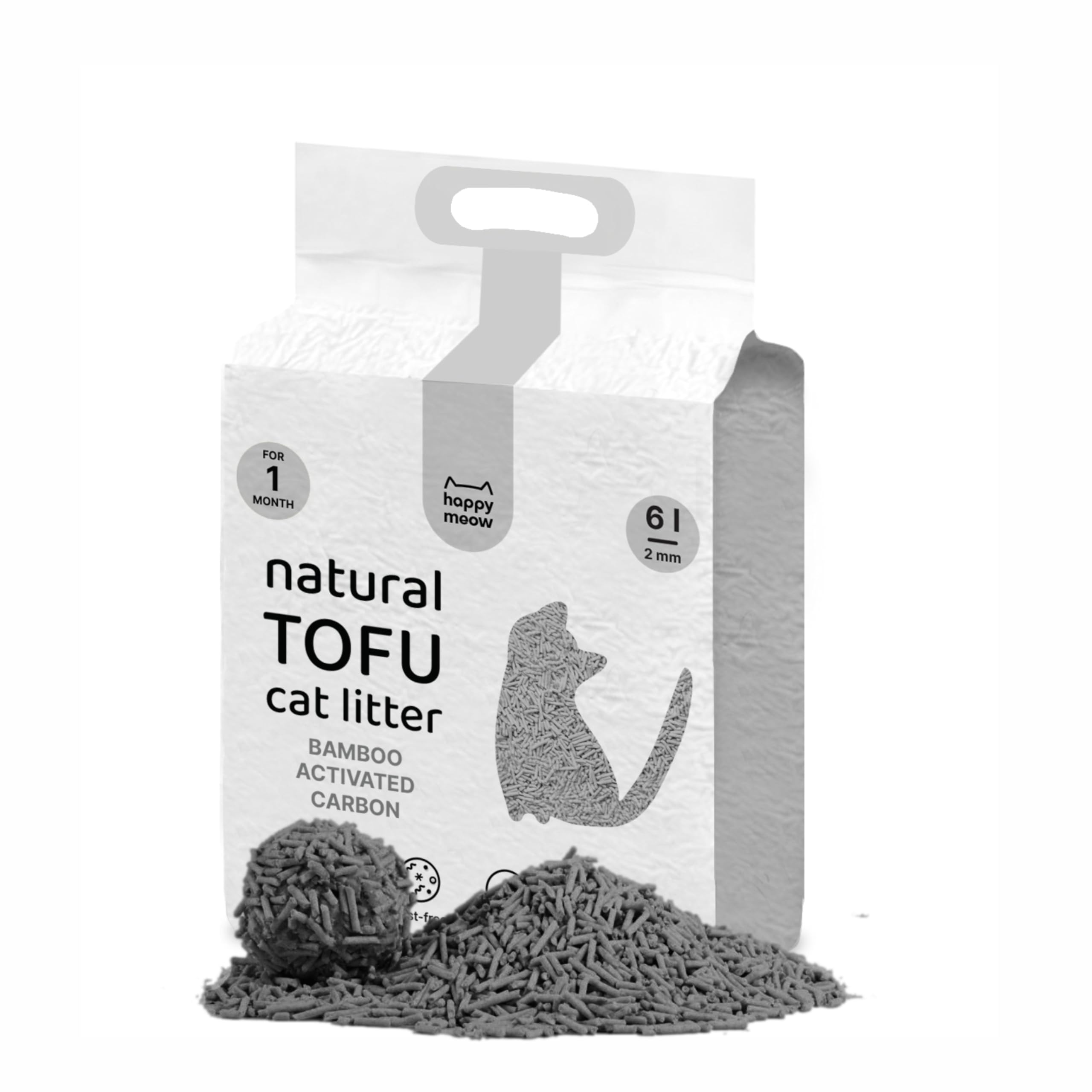 HAPPY MEOW Arena para Gatos Tofu, Arena Gatos Aglomerante,Arena para Gatos 100% Natural 6 litros Biodegradable Fórmula Libre de Polvo (Carbón Activado)