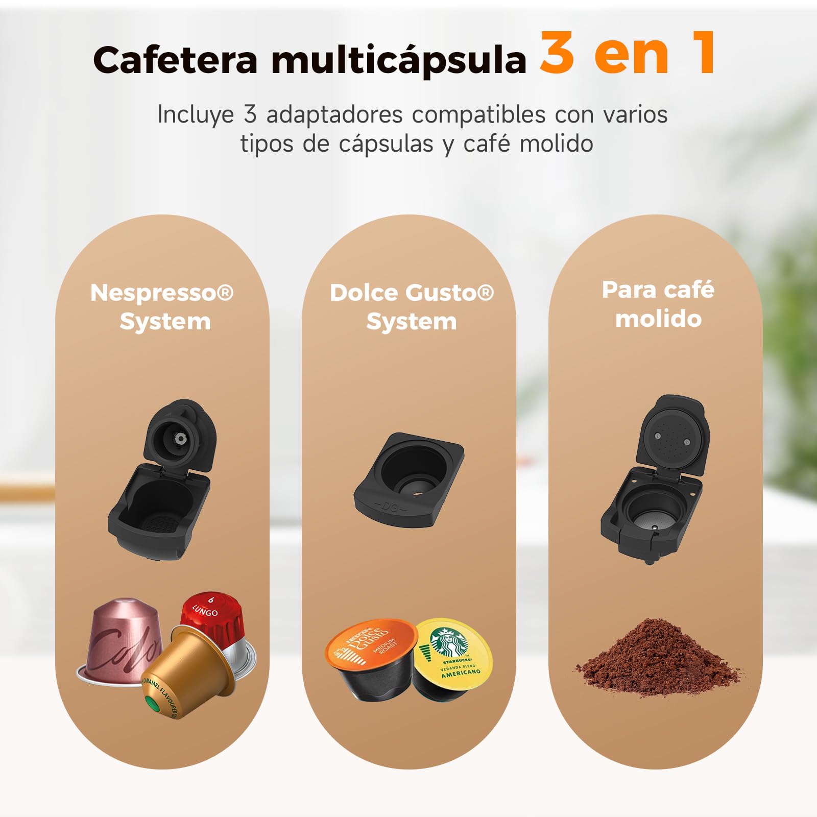 Woox Cafetera Cápsulas, 20 bares de presión, 1400W potencia, Compacta, Apta para Café Molido, Dolce Gusto, Nespresso y K-fee, Depósito Extraíble de 850ml, Apagado Automático
