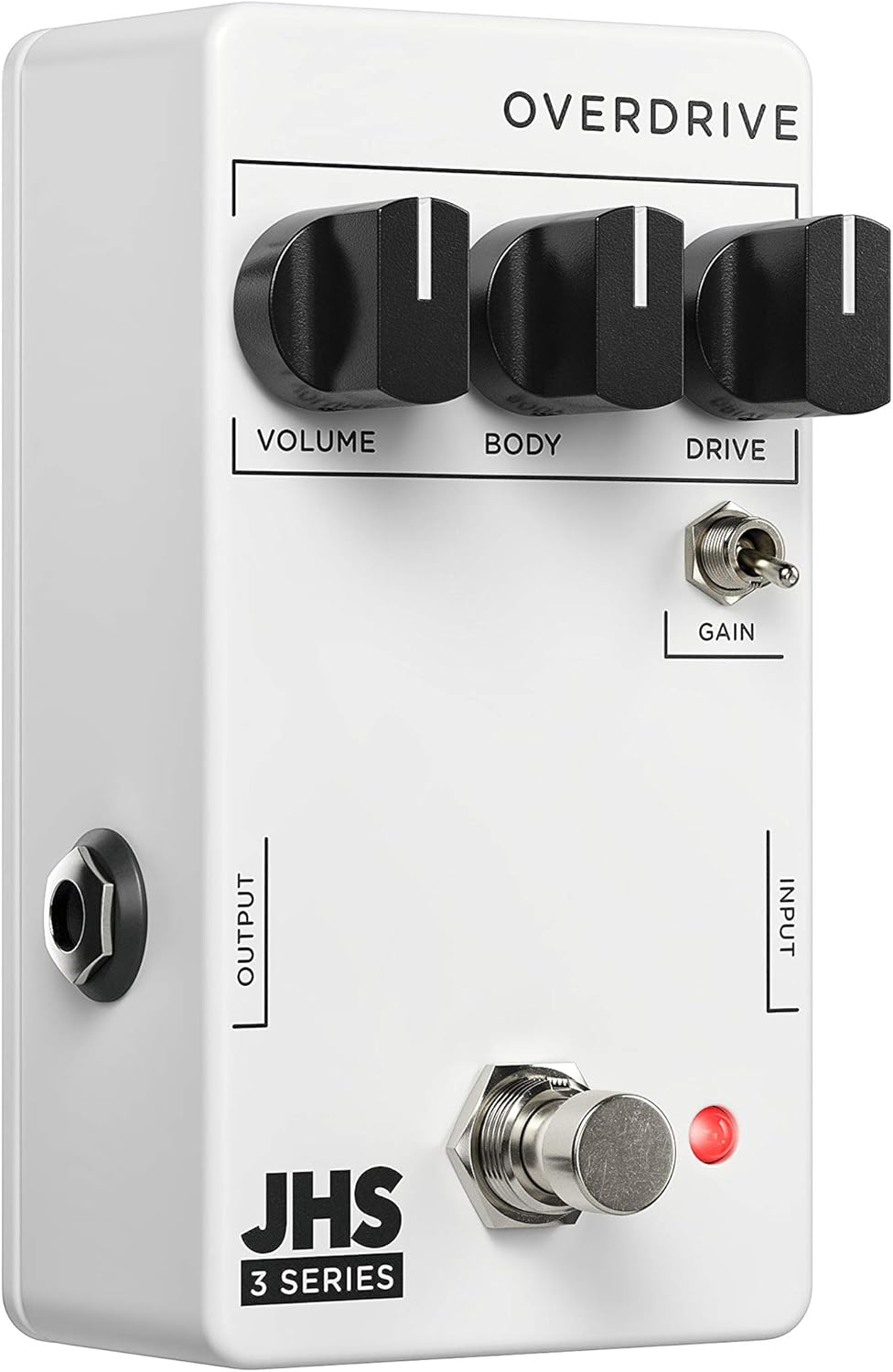 En angle view of JHS 3 Series Overdrive pedal showing input and output jacks
