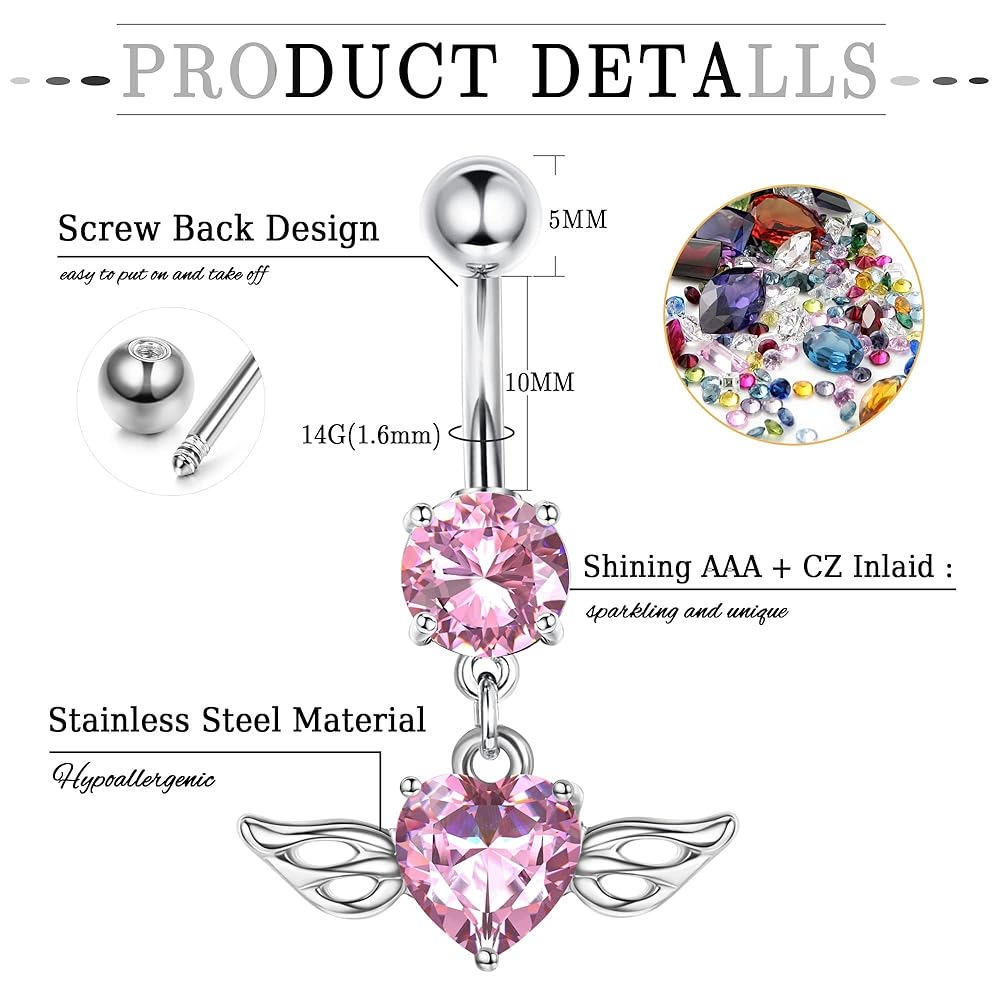 Percing Au Nombril Lot 7 Piercings Nombril Acier Chirurgical 14G - Cœur Papillon CZ Pour Femmes Piercing Cœur Papillon