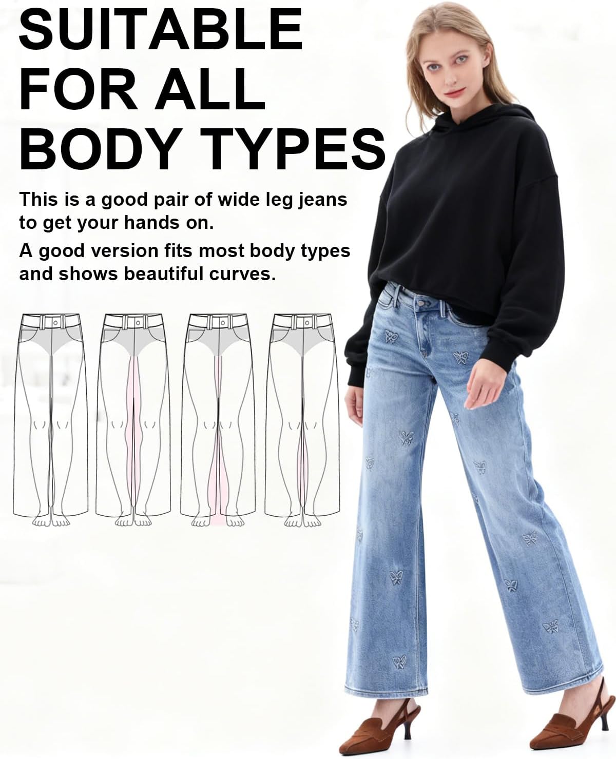 ONESO Mid-Low Rise Baggy Jeans Wide Leg for Women Distressed Pants Stretchy Bottom Lady Basic Comfortable Denim