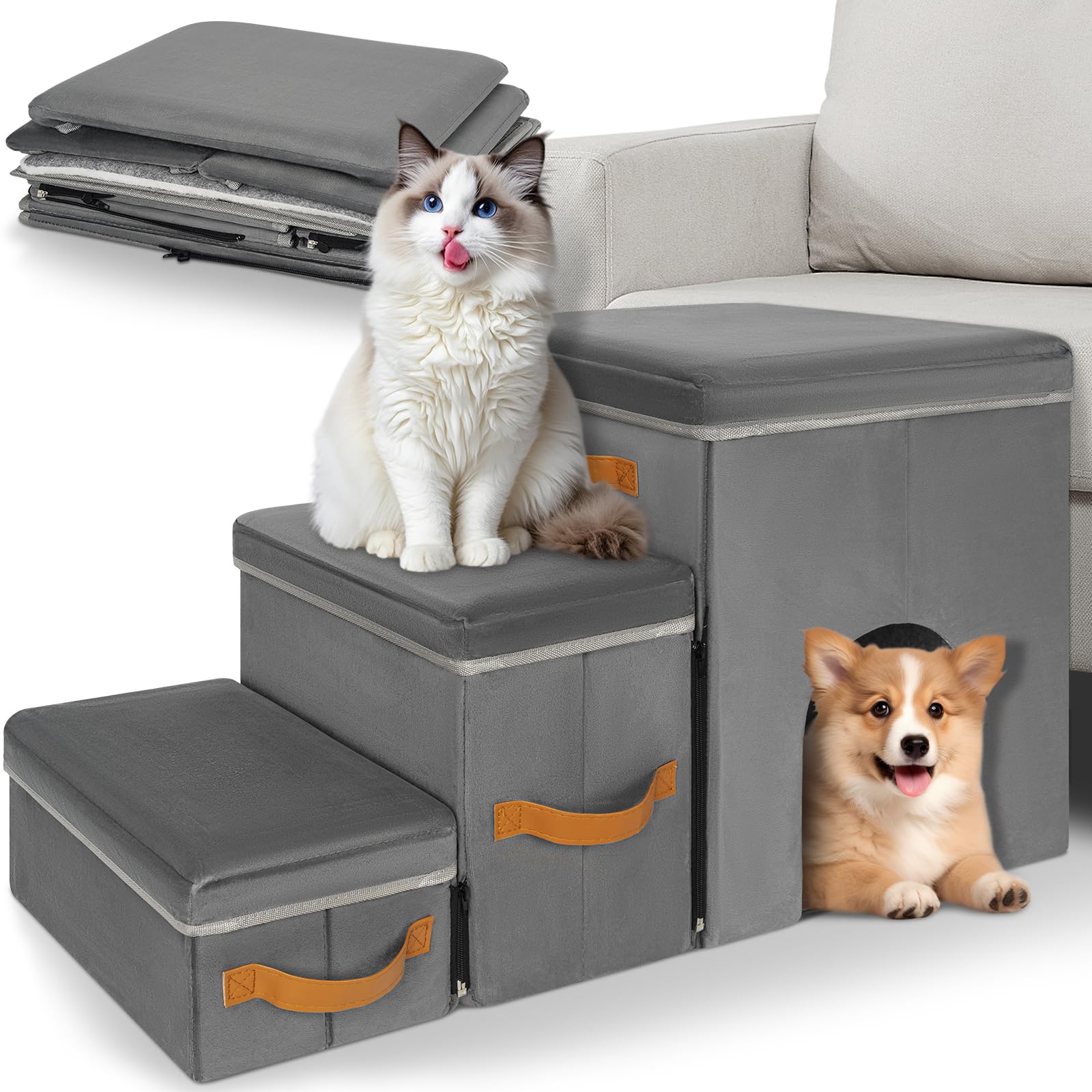 OUUTMEE Haustiertreppe 3 Stufen mit Zwingerdesign Hundetreppe Zusammenklappbar mit Stauraum,Kombinierte Verwendung Hundetreppe Bett für Betten,Sofas,Maximale Tragfähigkeit 30 kg