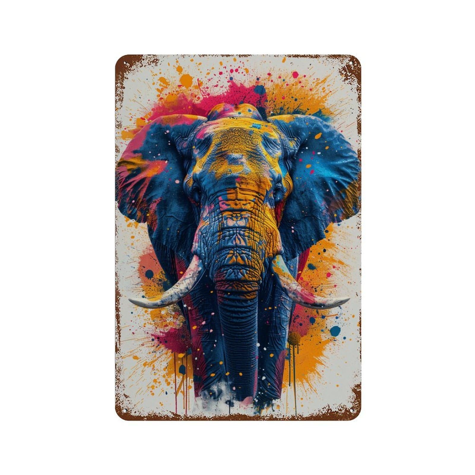 Garage Style Colorful Elephant Art Print-2 Distressed Metal Wall Sign 11.8"x7.9", Rustic Home Decor for Bar And Workshop