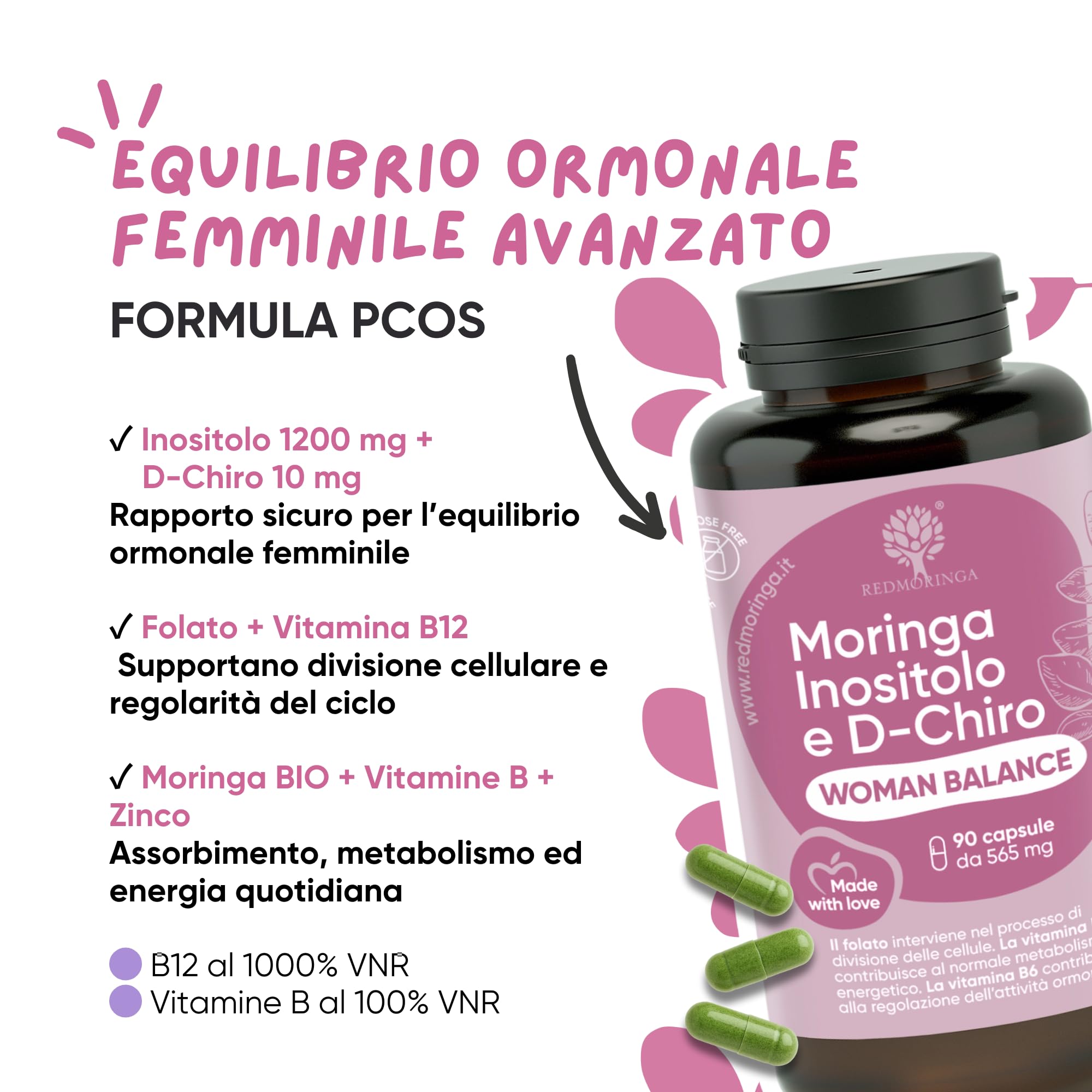 Myo INOSITOLO + DChiro per PCOS con Acido Folico, Vitamine B12, B6, D e Moringa BIO | Integratore Woman Balance Ovaio Policistico, Regolarità Ciclo, Migliore Ovulazione | 90 Capsule - RedMoringa