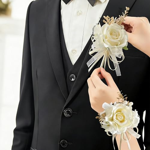 Champagne Wedding Corsage and Boutonniere Set - Silk Flower Wrist
