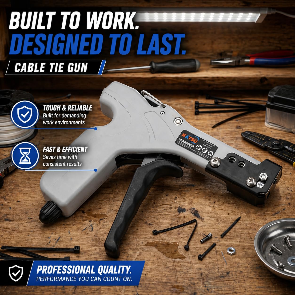 KATSU Tools Pistola per Fascette in Acciaio Inossidabile, Strumento Professionale per Tensionare e Tagliare Automaticamente le Fascette Metalliche 417521