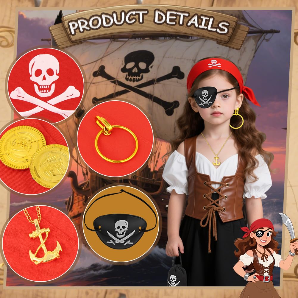 AOOWU 8 Pcs Pirate Costume Accessory Set, Pirate Role Play Outfit With Headscarf, Eyepatch, Earring, Necklace, Gold Coins - Image 3