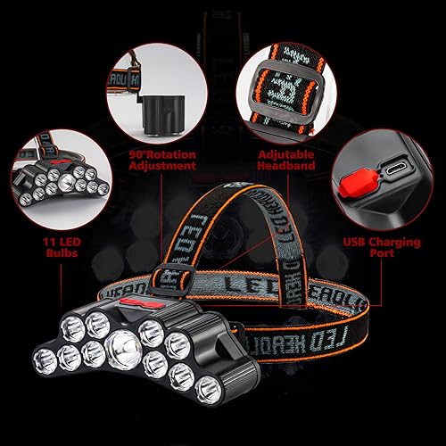 Miniatura 2 de Linterna frontal recargable, 22000 lúmenes altos, 11 luces de cabeza para frente, IPX5 impermeable, lámparas de cabeza LED súper brillantes para