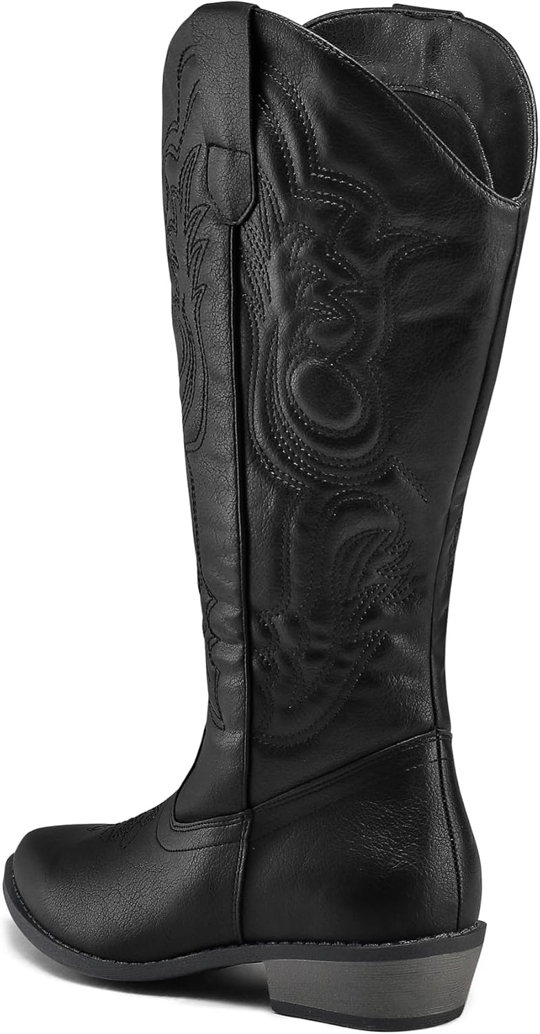 mysoft Women's Wide Calf Cowboy Boots Pull on Cowgirl Embroidered Mid Calf Pointed Toe Chunky Heel Western Boots - Image 5