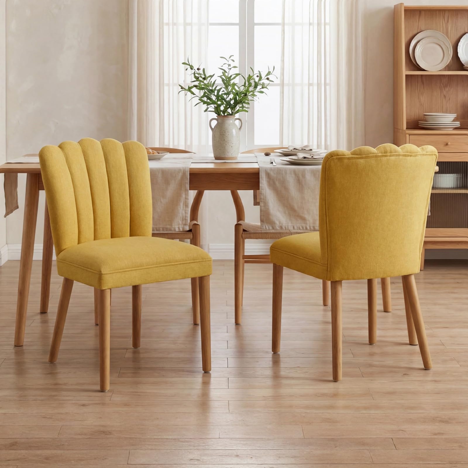 DAYALANE Dining Chairs 2PCS,Petal Design Backrest&Wood Legs,Yellow