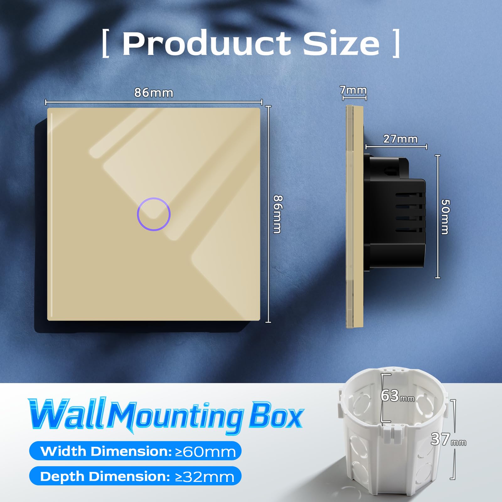 BSEED Interrupteur Tactile 1 Gang 1 Voie Or,Commutateur de Lumière avec LED Affichage Light,Interrupteur Tactile avec Capteur Tactile Panneau Verre Cristal-Pas de fil Neutre - 3