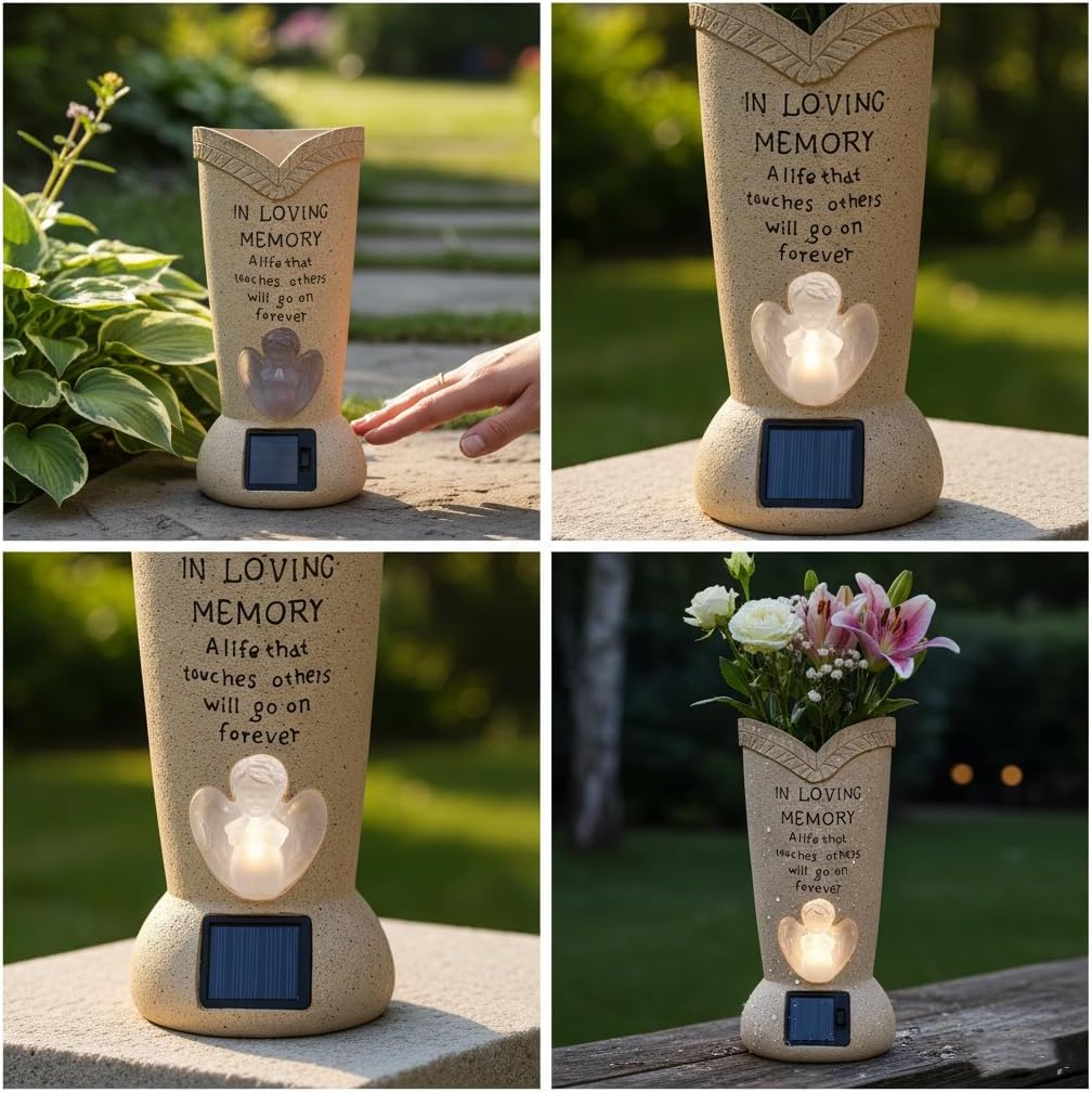 Solar Memorial Cemetery Flower Vase with LED, Angel Statue Vase with Spikes for Fresh Flowers and Artificial Flowers,Artificial Cemetery Grave Decorations