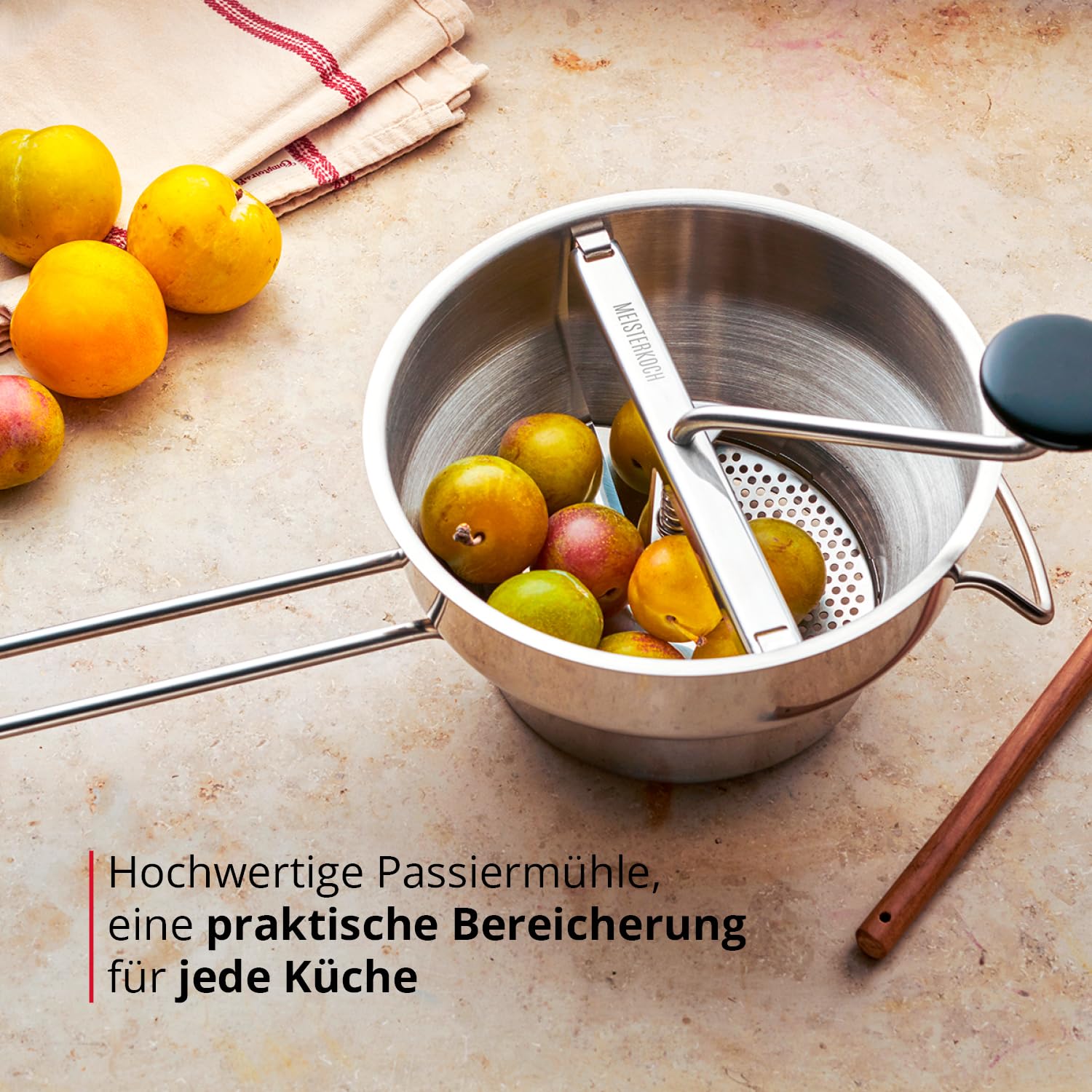 MEISTERKOCH Passiermühle aus Edelstahl 22 cm Durchmesser, 2 Liter Volumen, mit 3 Lochscheiben spülmaschinengeeignet | Passiergerät zerlegbar für Obst und Gemüse