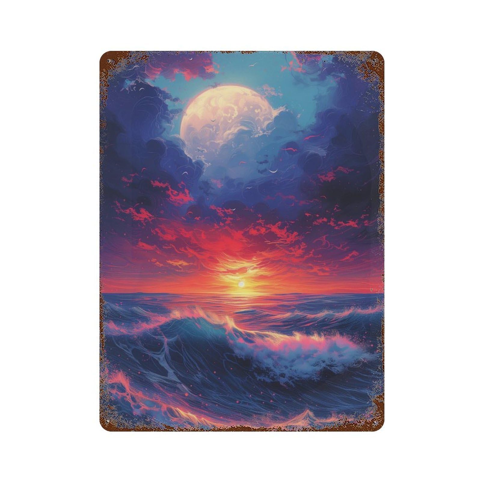 Ocean Sunset with Full Moon 15.7"x11.8" Vintage Rust Metal Sign, Novelty Wall Decor for Living Room, Hallway And Home Decor