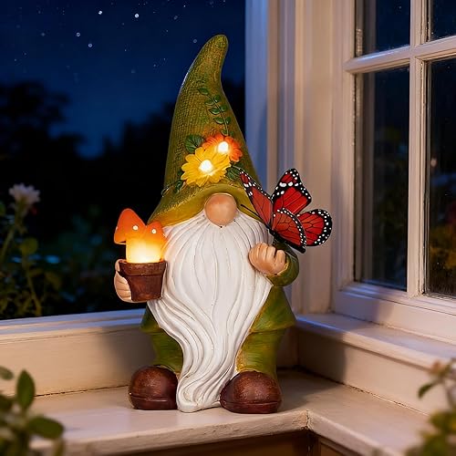 Miniatura 9 de Gnomos de jardín al aire libre, gnomo de resina con luces solares para exteriores, hongos decorativos y mariposas vívidas, gnomos de primavera para