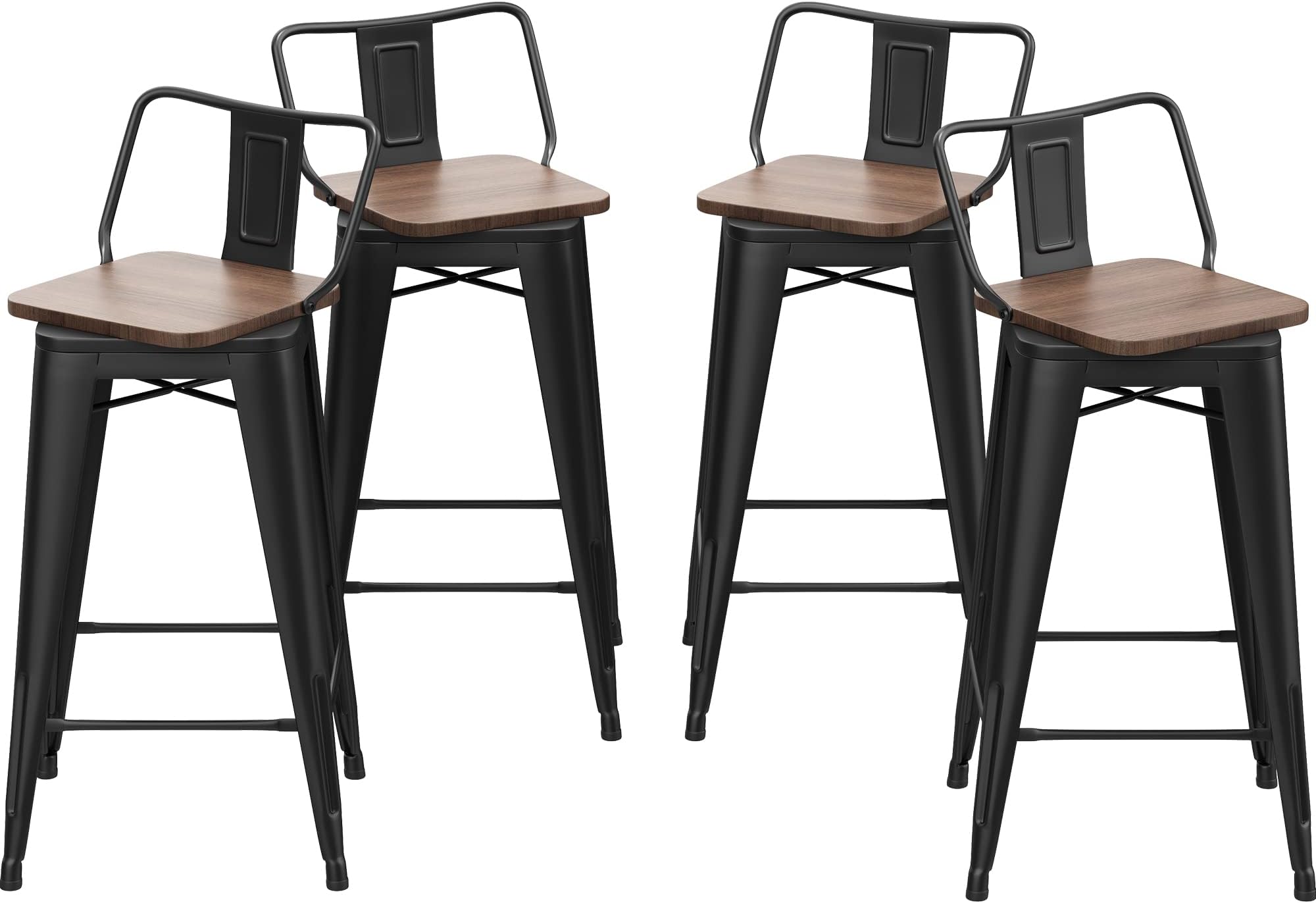 Changjie Furniture 26 Inch Swivel Bar Stools Set of 4 with Backs Counter Height Industrial Barstools for Kitchen Island (Swivel 26 inch,Matte Black Wooden)