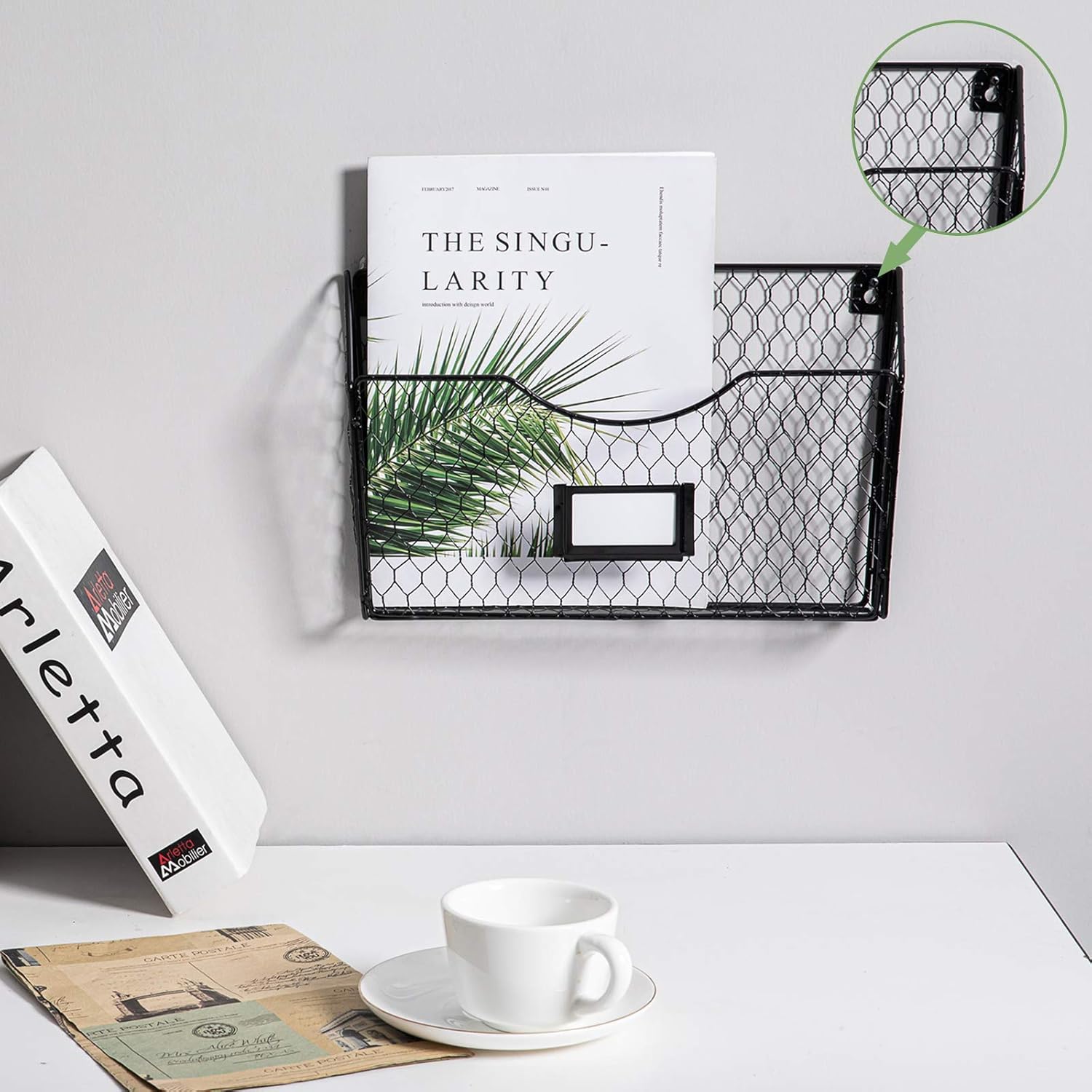NA Mesh Magazine Rack 3 Pockets Wall Mount Hanging File Holder Organizer with Tag Slot, Metal Chicken Wire Mail Sorter Document Magazine Literature Rack for Office Home