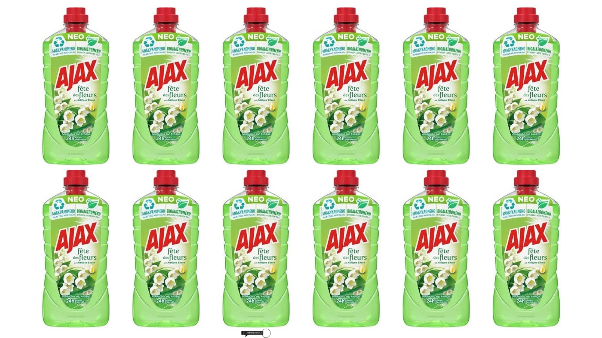 Ajax - 12 detergenti multiuso con fiori verdi da 1 l, detergente multiuso per pavimenti e superfici, freschezza di lunga durata, portachiavi Italy Shop Service incluso