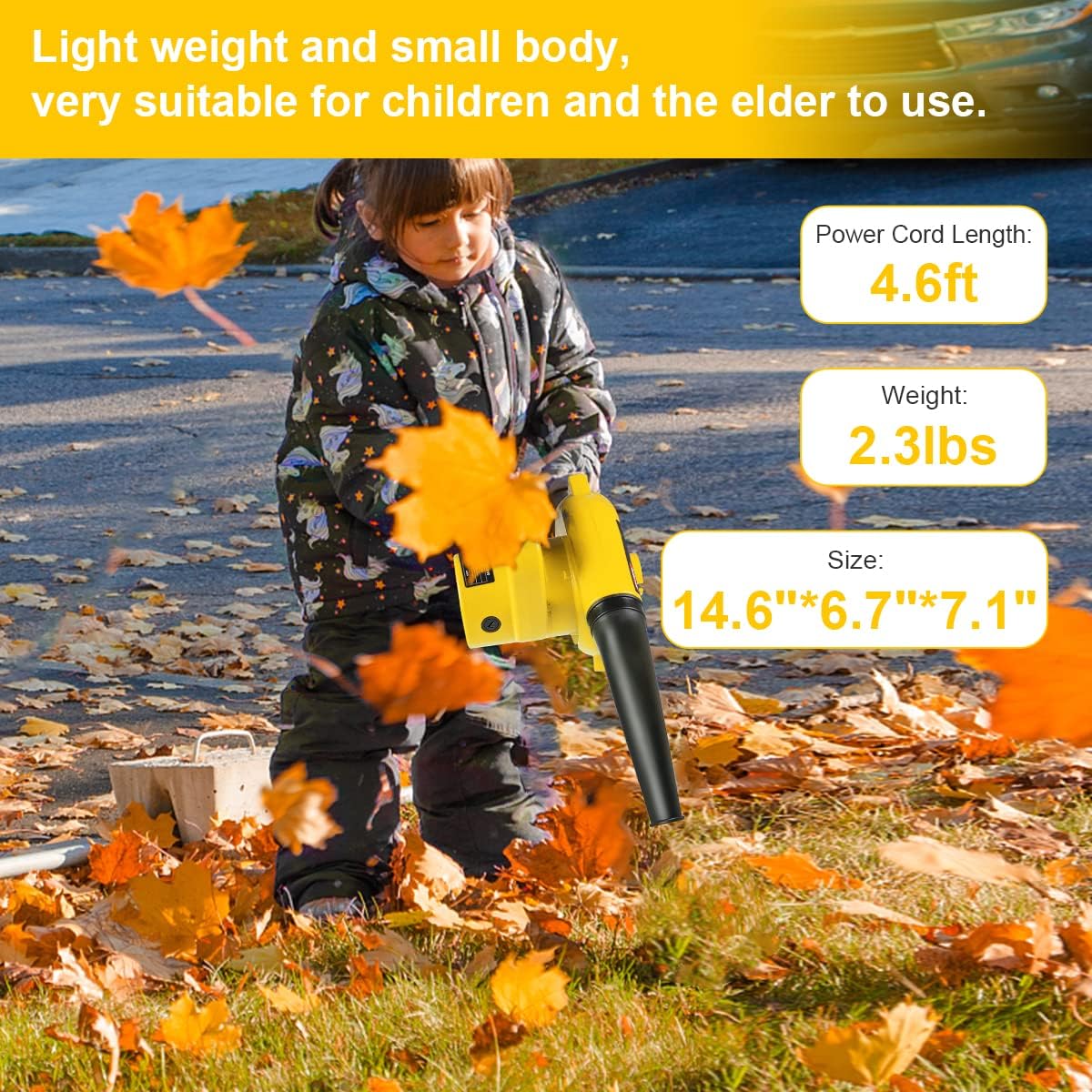 Corded Electric Leaf Blower,2 in 1 Small Handheld Lightweight Sweeper/Vacuum,110V 400W Portbale Blower for Leaf/Snow/Dust Blowing (Yellow) - Image 2
