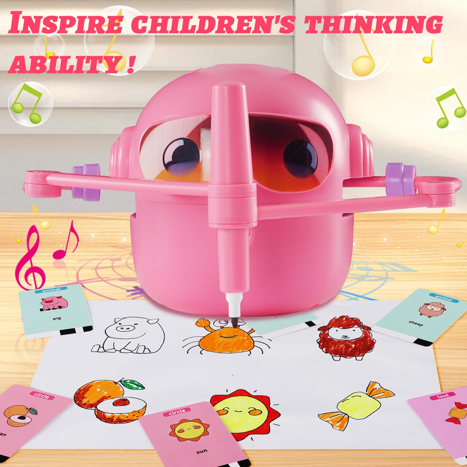 Roboticador de Dibujos para Niños,Drawing Robot Educativo Interactivo con Interacción de Voz,100 Tarjetas y 14 Lápices,Robots Inteligente Juguete,para Niños Niñas 3+ Años (Rosa)